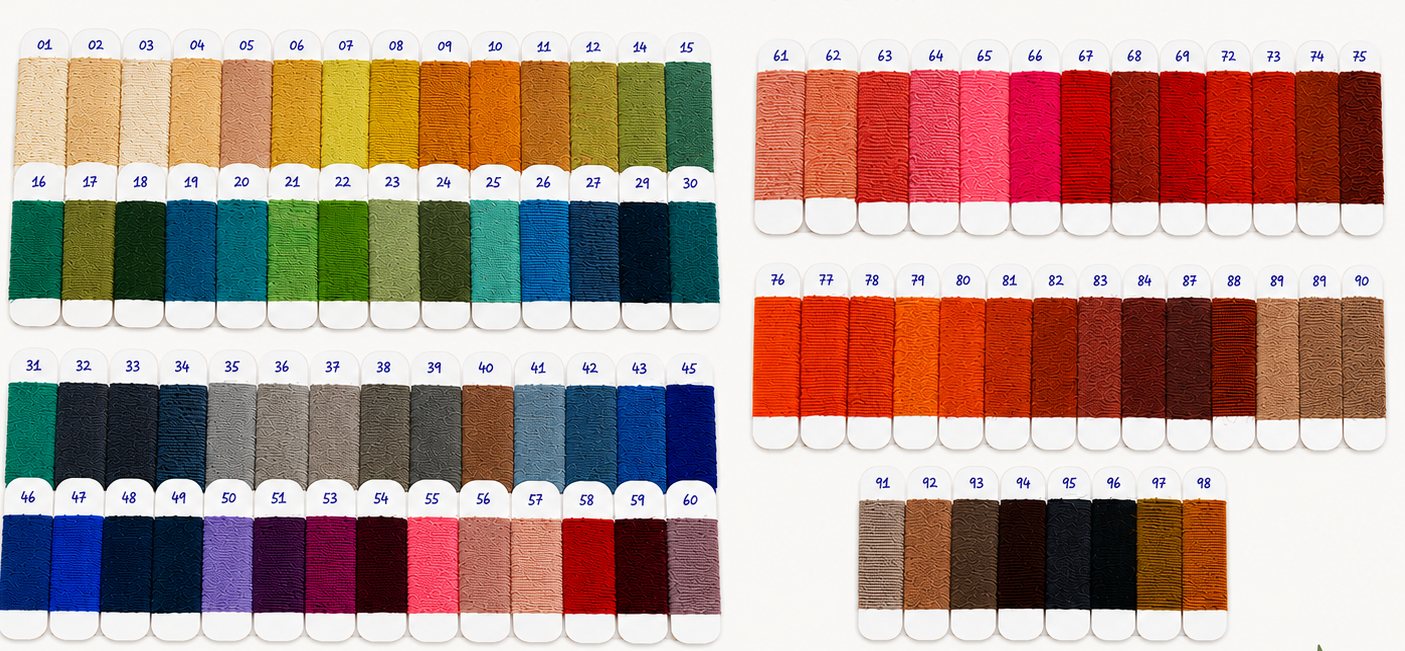 The Rug Gossips wool colour library — ninety-eight numbered hand-dyed wool shades on sample cards