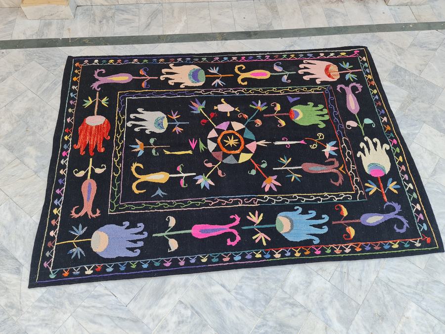 Custom hand-embroidered flatweave rug in black embroidered, woven to order by Rug Gossips in Lahore