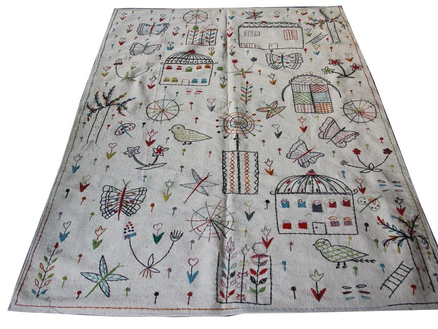 Custom hand-embroidered flatweave rug in hooked, woven to order by Rug Gossips in Lahore