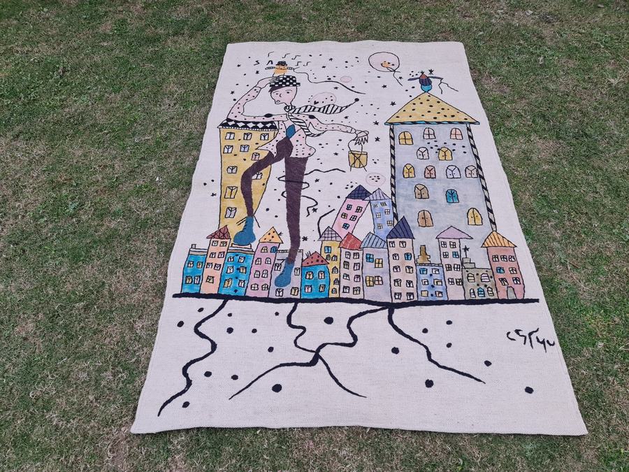 Custom hand-embroidered flatweave rug in pictorial, woven to order by Rug Gossips in Lahore