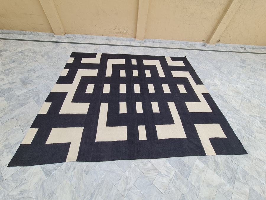 Custom flatweave kilim rug in black and white geometric, woven to order by Rug Gossips in Lahore