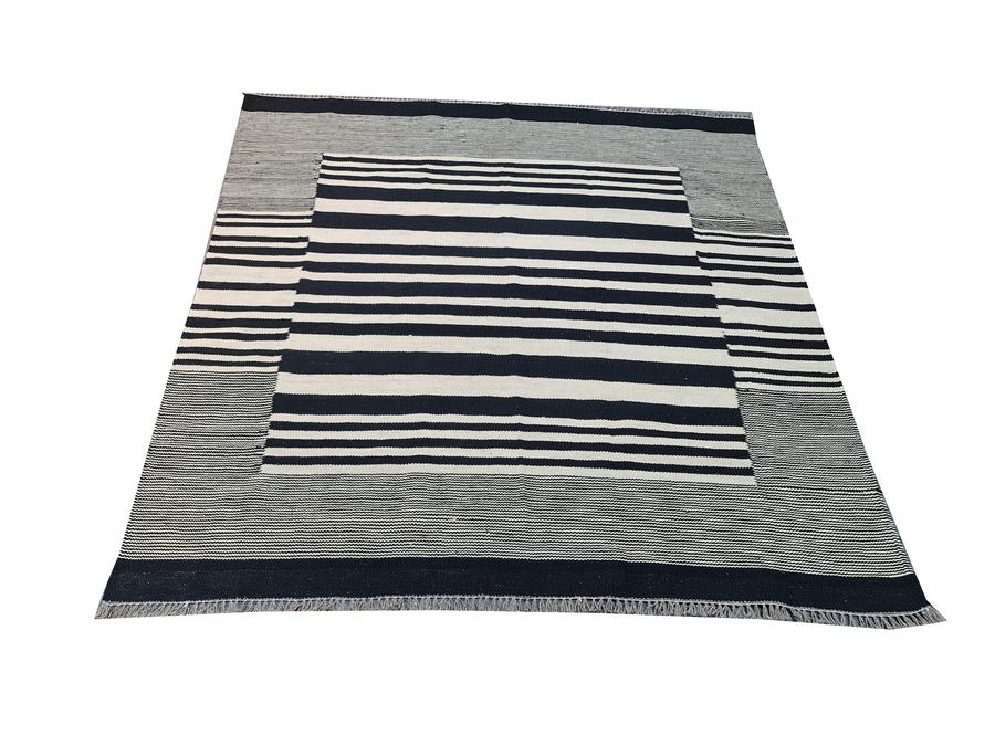 Custom flatweave kilim rug in black and white kilim striped, woven to order by Rug Gossips in Lahore