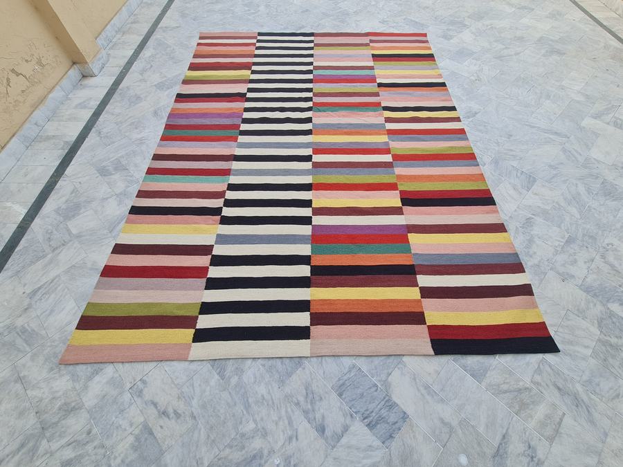 Custom flatweave kilim rug in colorful striped kilim, woven to order by Rug Gossips in Lahore