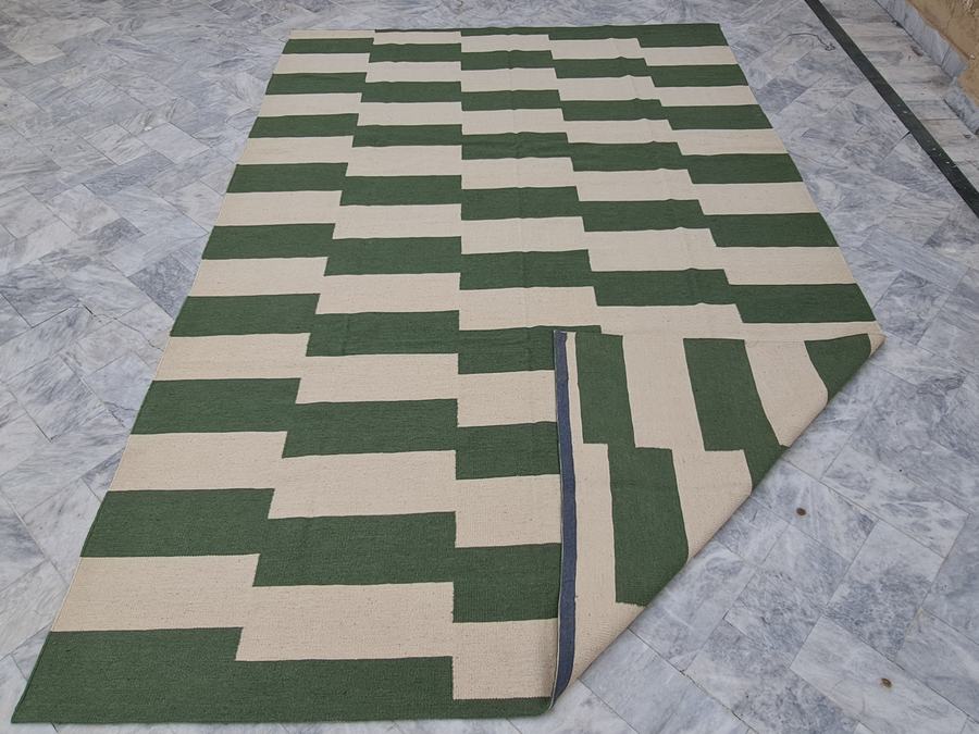 Custom flatweave kilim rug in green and white flatweave custom, woven to order by Rug Gossips in Lahore