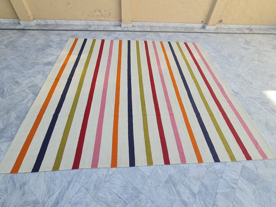 Custom flatweave kilim rug in multicolor striped kilim dhurrie flatweave, woven to order by Rug Gossips in Lahore