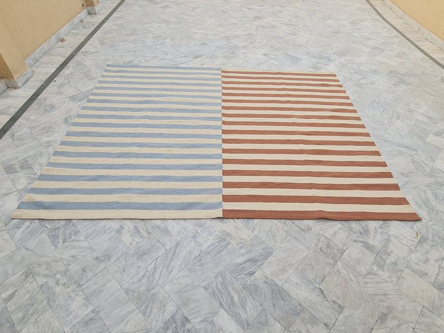 Custom flatweave kilim rug in multicolor striped, woven to order by Rug Gossips in Lahore