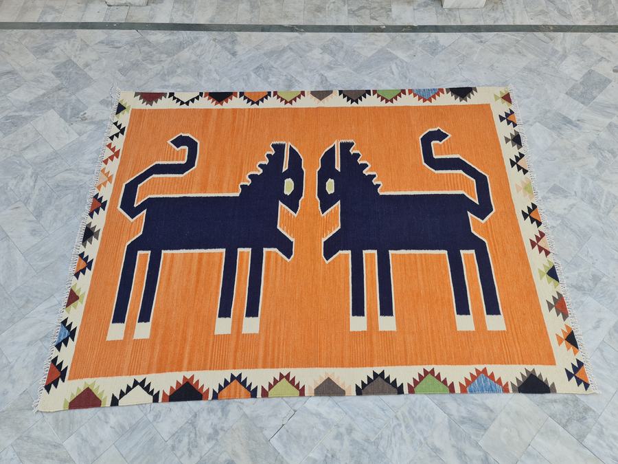 Custom flatweave kilim rug in pictorial kilim, woven to order by Rug Gossips in Lahore