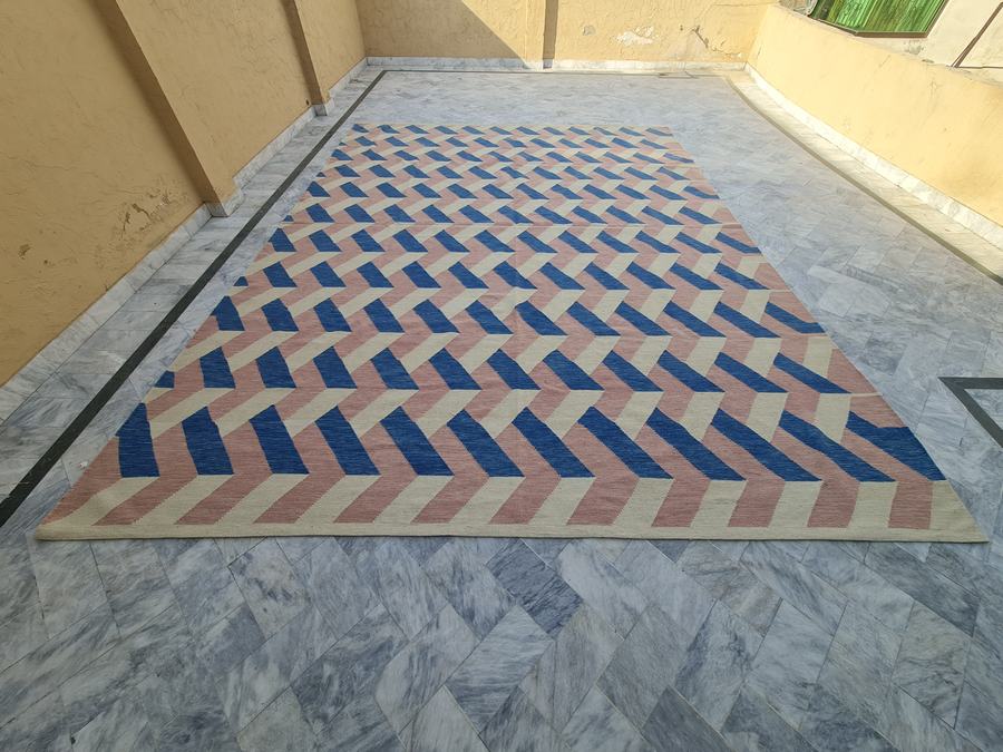 Custom flatweave kilim rug in pink blue white kilim, woven to order by Rug Gossips in Lahore