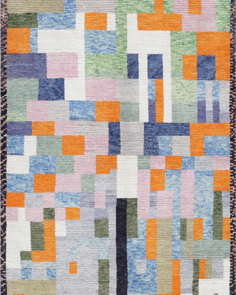 Custom hand-knotted wool rug in beige and purple, 273 × 181 cm, woven to order by Rug Gossips in Lahore