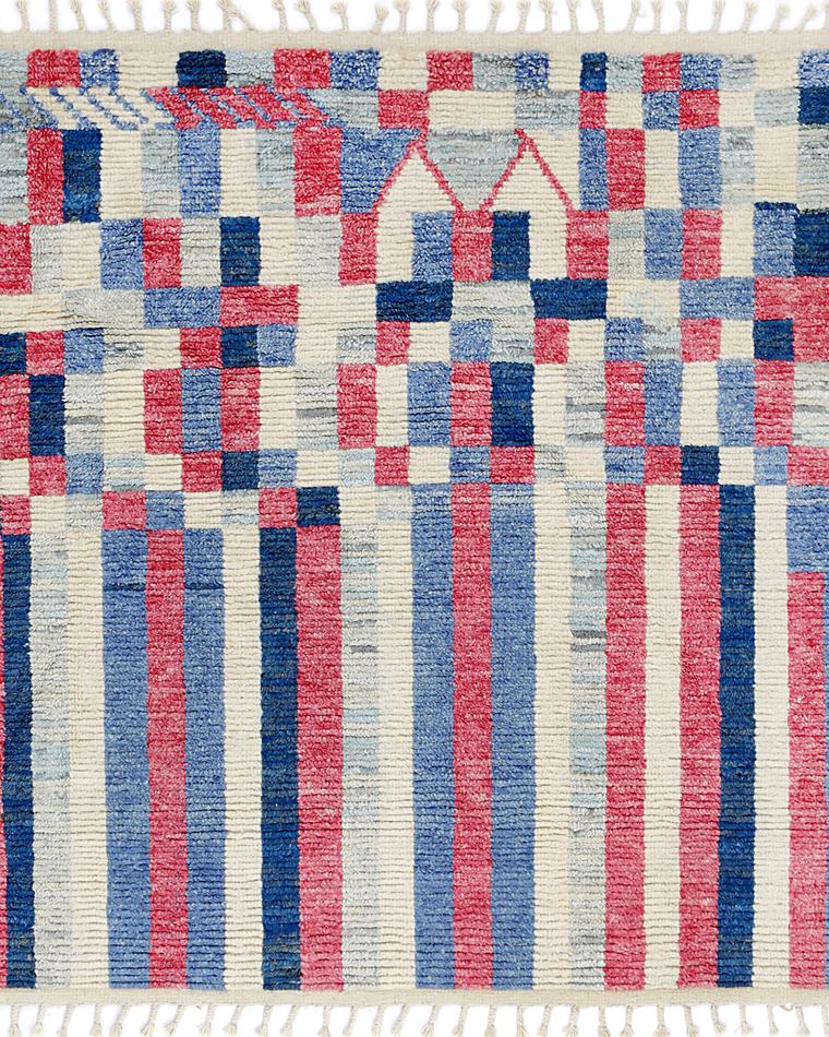 Custom hand-knotted wool rug in beige and teal, 167 × 161 cm, woven to order by Rug Gossips in Lahore