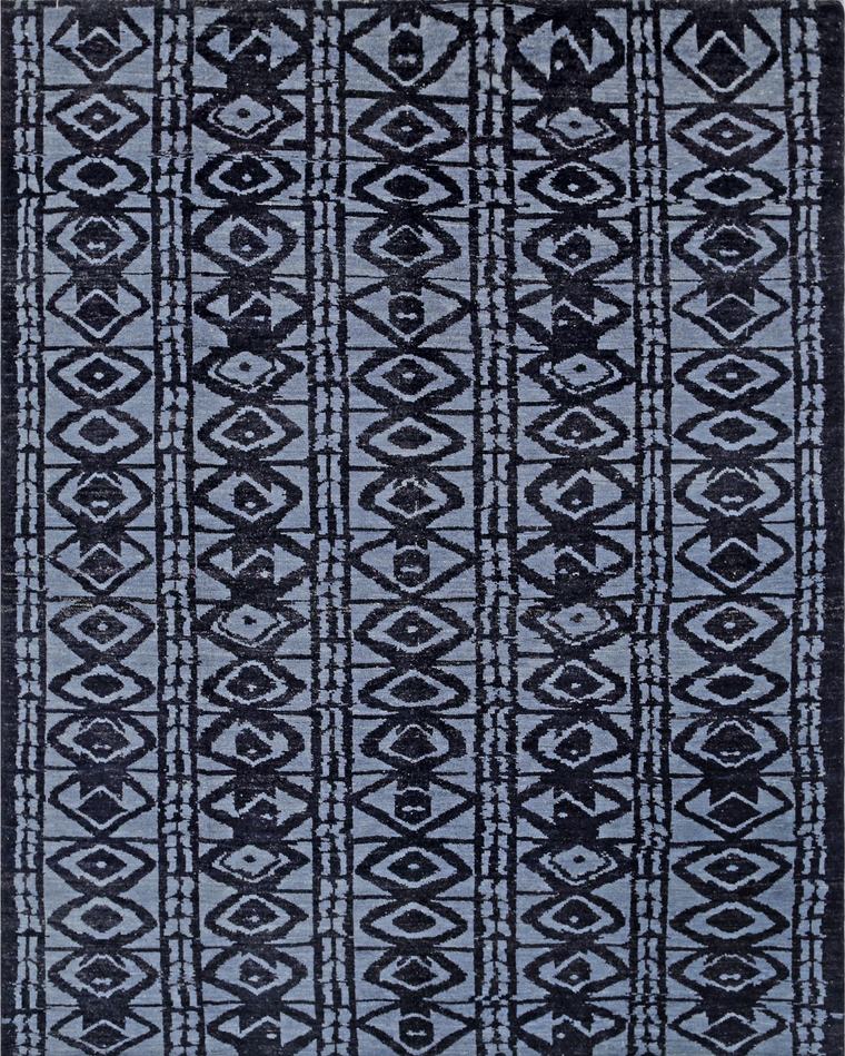 Custom hand-knotted wool rug in black and grey, 293 × 238 cm, woven to order by Rug Gossips in Lahore