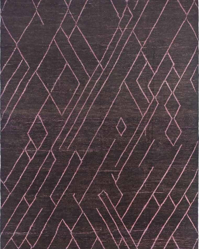 Custom hand-knotted wool rug in charcoal and purple, 434 × 297 cm, woven to order by Rug Gossips in Lahore