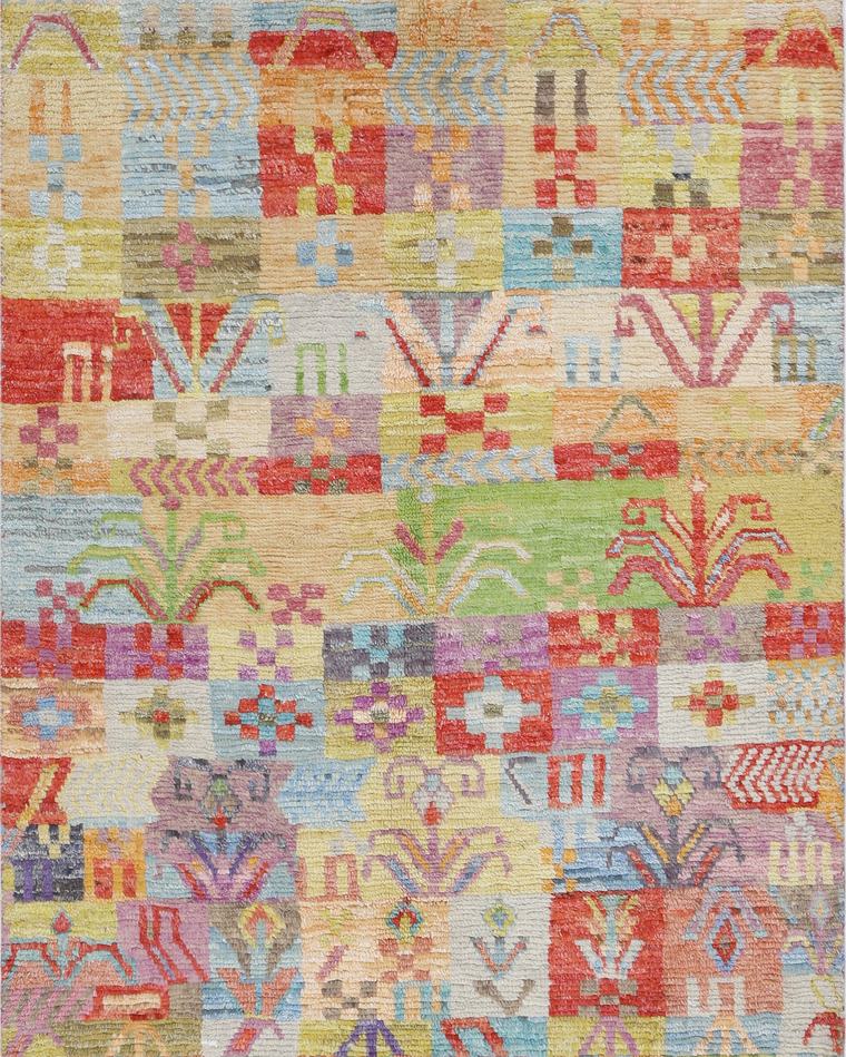 Custom hand-knotted wool rug in sand and beige, 209 × 105 cm, woven to order by Rug Gossips in Lahore