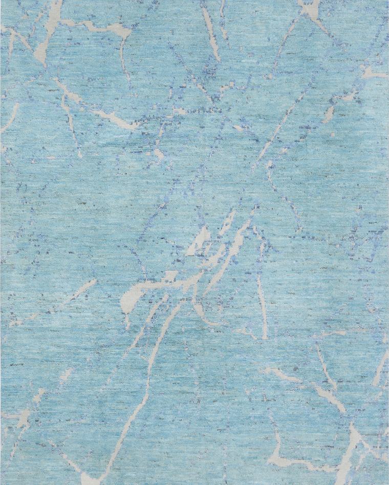 Custom hand-knotted wool rug in sky blue, 369 × 277 cm, woven to order by Rug Gossips in Lahore