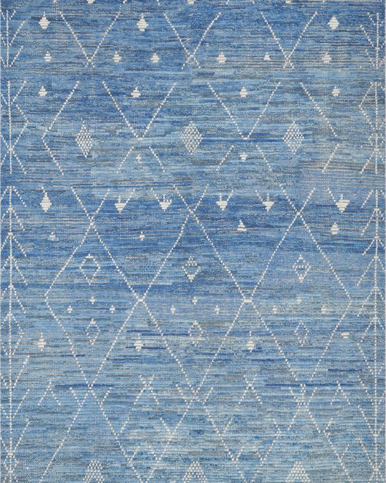 Custom hand-knotted wool rug in sky blue and teal, 297 × 182 cm, woven to order by Rug Gossips in Lahore