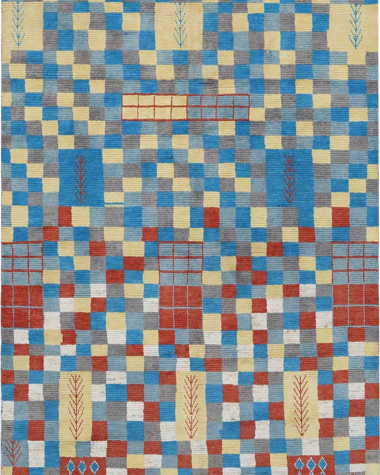 Custom hand-knotted wool rug in teal and sand, 321 × 200 cm, woven to order by Rug Gossips in Lahore