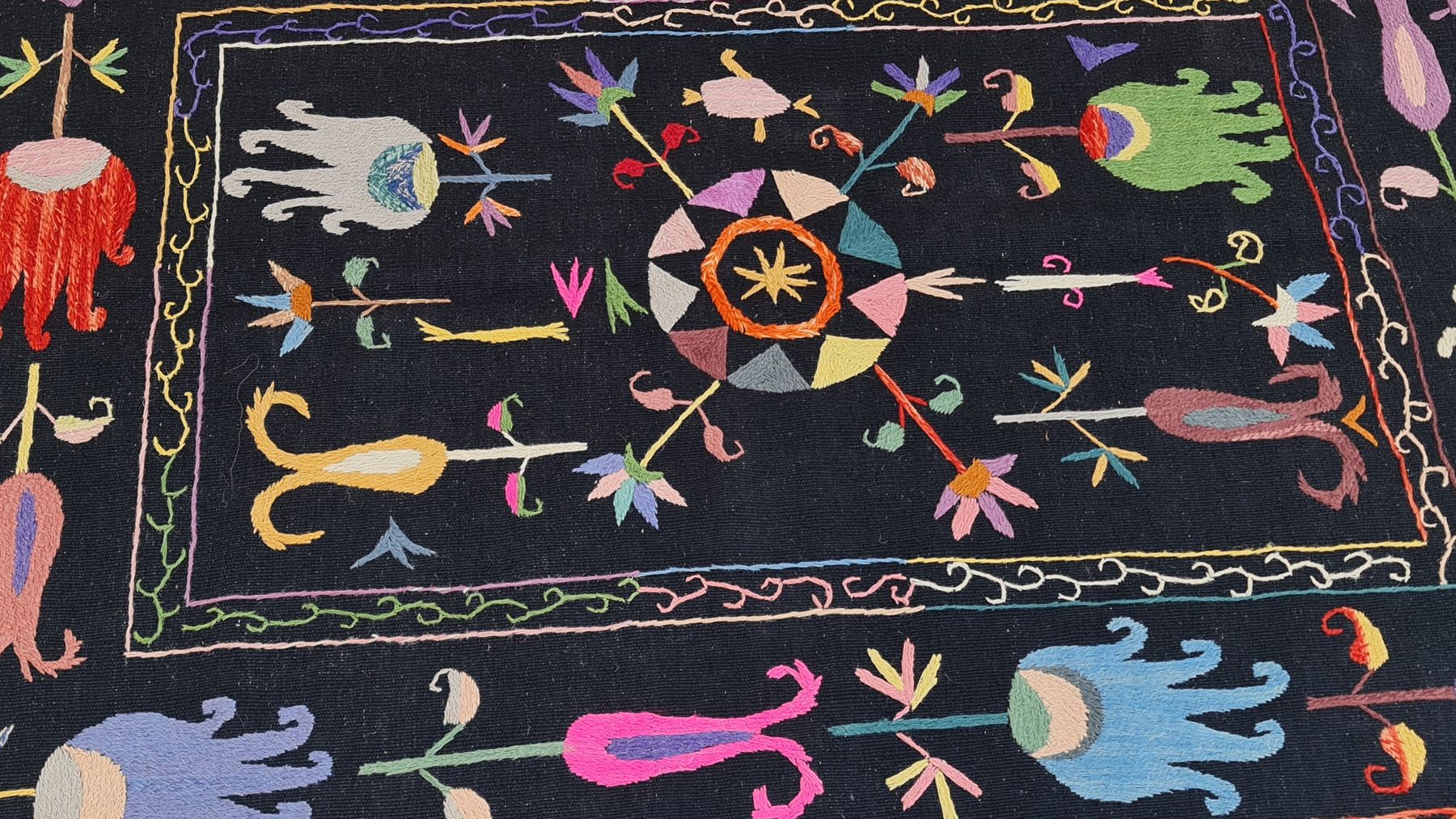 Detail of a custom embroidered rug woven by Rug Gossips in Lahore