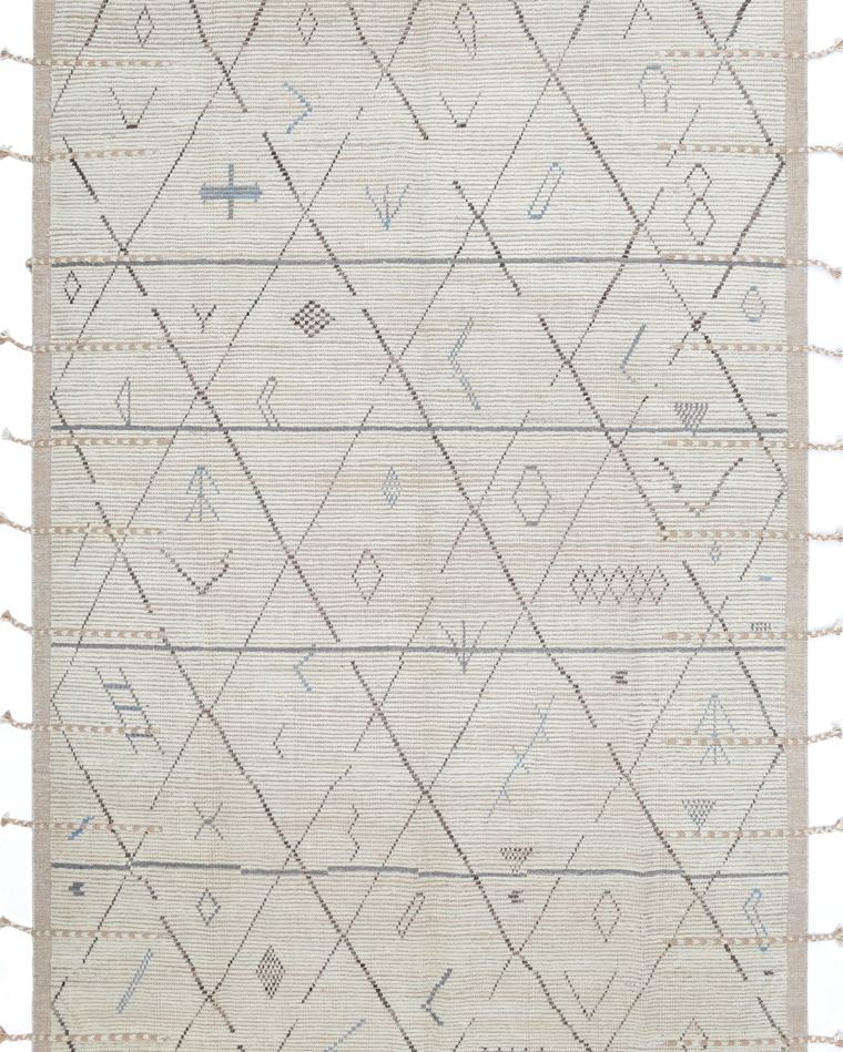 Custom Moroccan Beni-style hand-knotted rug in cream and beige, 363 × 240 cm, woven to order by Rug Gossips in Lahore
