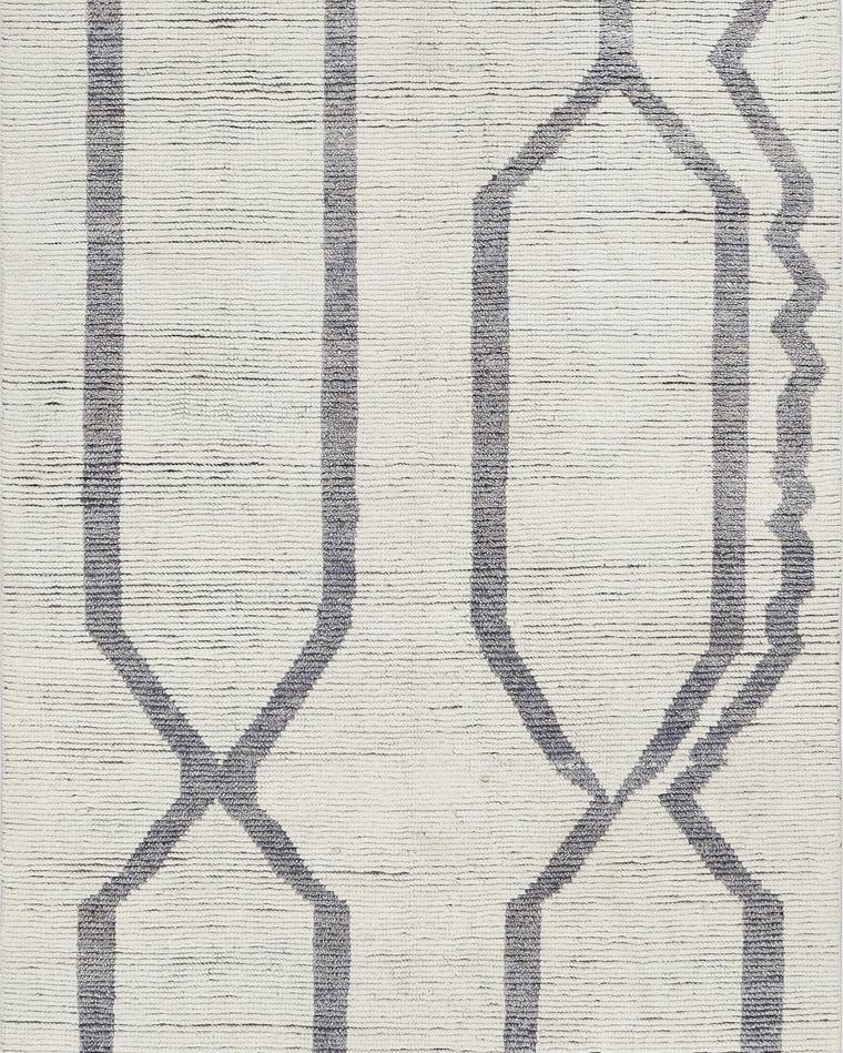Custom Moroccan Beni-style hand-knotted rug in cream and grey, 264 × 159 cm, woven to order by Rug Gossips in Lahore