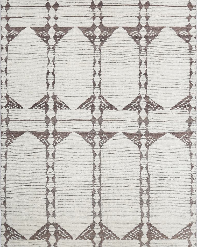 Custom Moroccan Beni-style hand-knotted rug in cream and grey, 294 × 188 cm, woven to order by Rug Gossips in Lahore