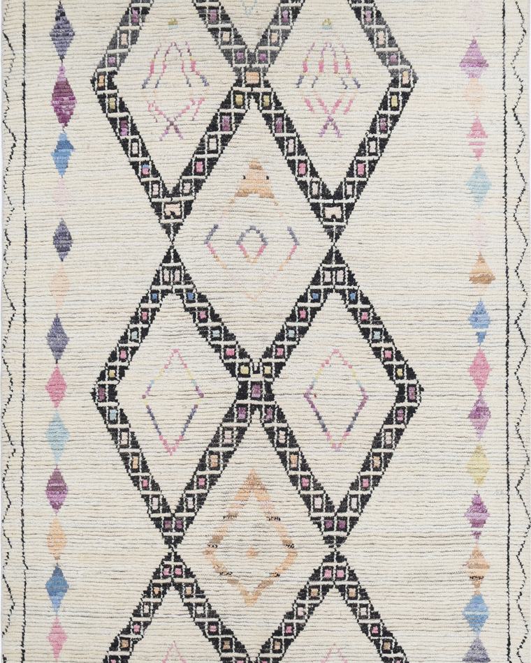 Custom Moroccan Beni-style hand-knotted rug in cream and grey, 324 × 191 cm, woven to order by Rug Gossips in Lahore
