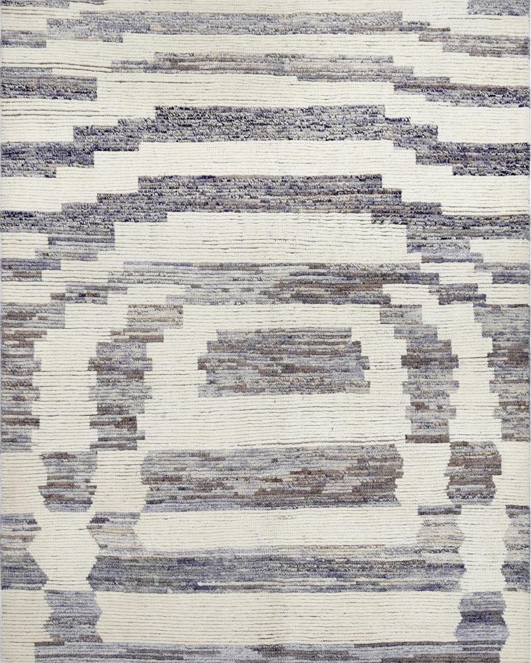 Custom Moroccan Beni-style hand-knotted rug in cream and sage, 326 × 197 cm, woven to order by Rug Gossips in Lahore