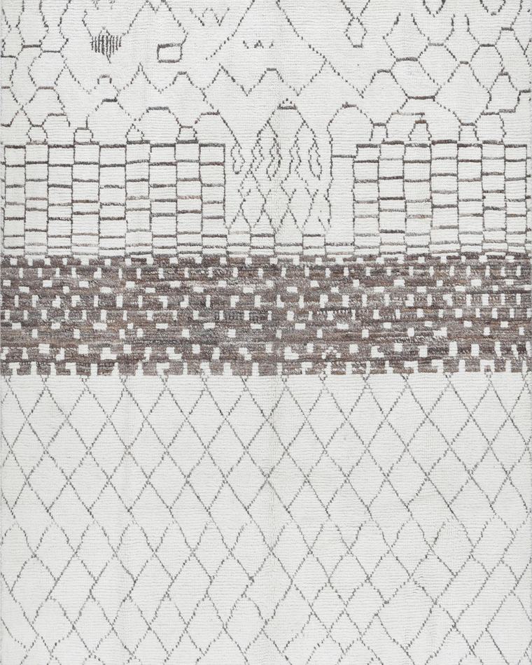Custom Moroccan Beni-style hand-knotted rug in ivory and beige, 271 × 187 cm, woven to order by Rug Gossips in Lahore