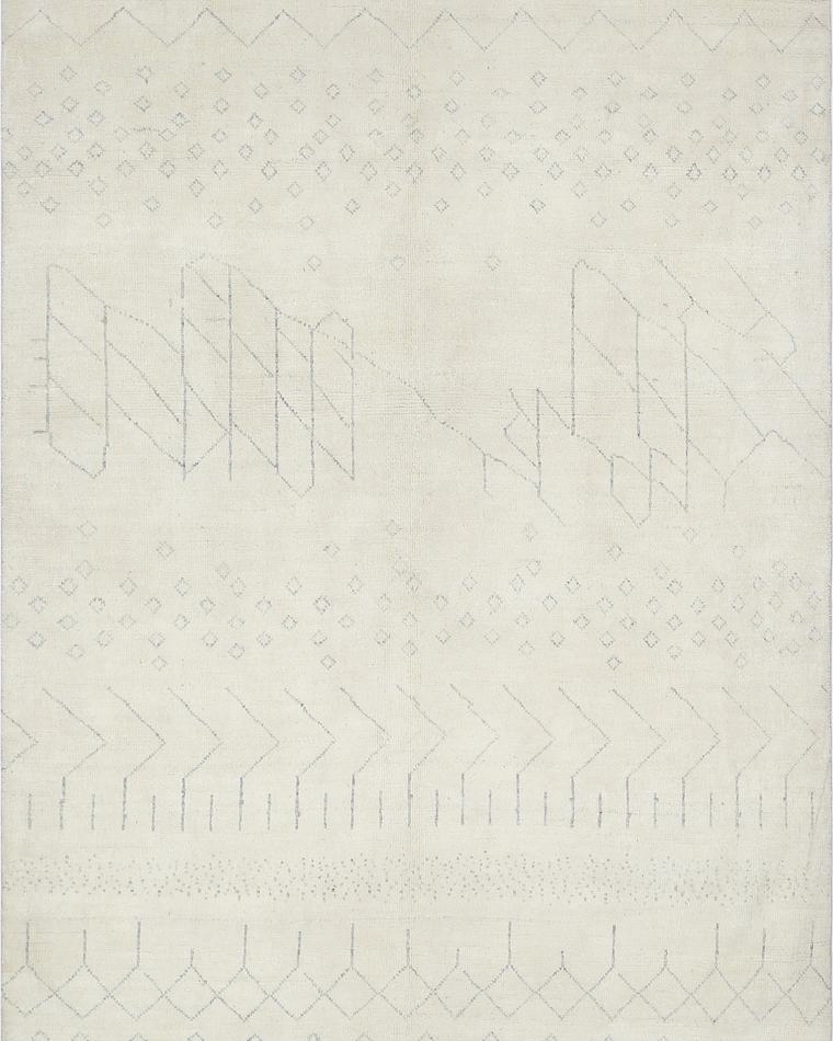 Custom Moroccan Beni-style hand-knotted rug in ivory and cream, 307 × 206 cm, woven to order by Rug Gossips in Lahore