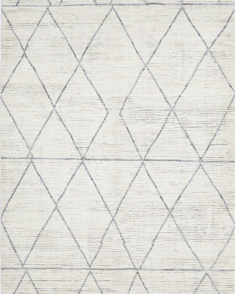 Custom Moroccan Beni-style hand-knotted rug in ivory and cream, 327 × 197 cm, woven to order by Rug Gossips in Lahore