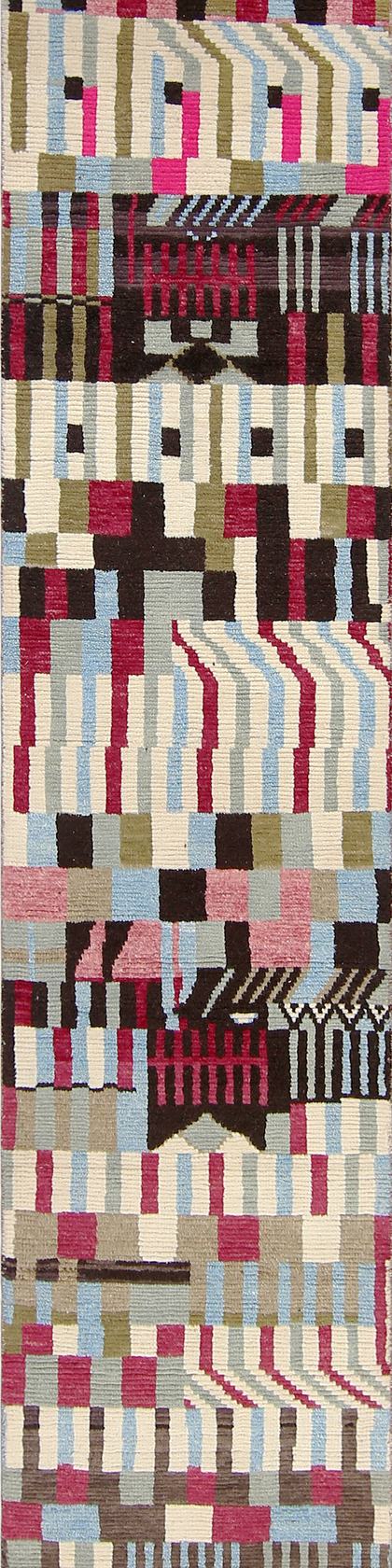 Custom handwoven runner rug in charcoal and sage, 583 × 86 cm, woven to order by Rug Gossips in Lahore