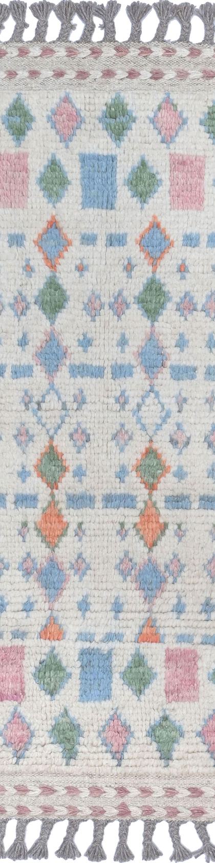 Custom handwoven runner rug in cream and sky blue, 730 × 74 cm, woven to order by Rug Gossips in Lahore