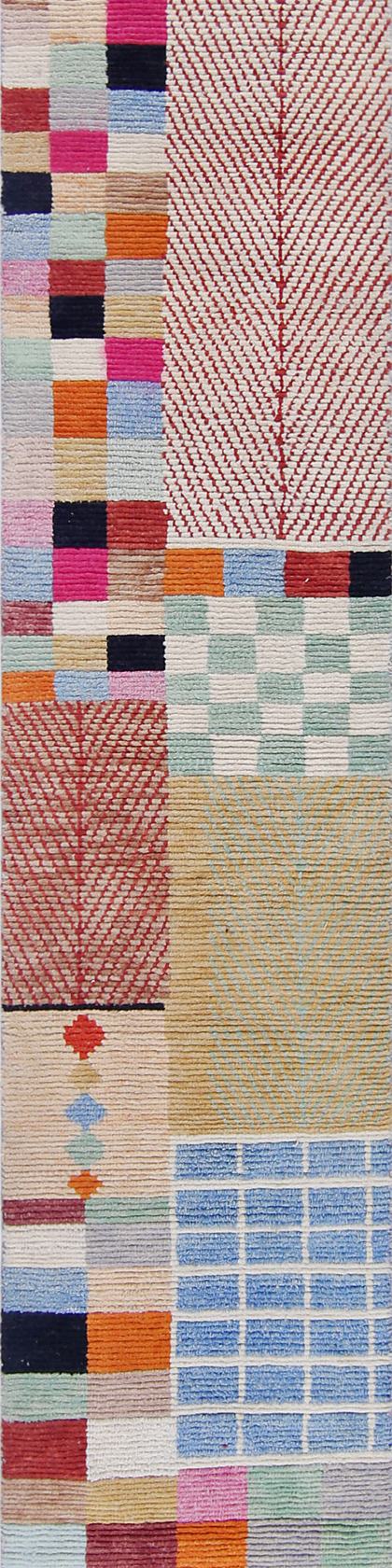 Custom handwoven runner rug in sand and sky blue, 430 × 80 cm, woven to order by Rug Gossips in Lahore