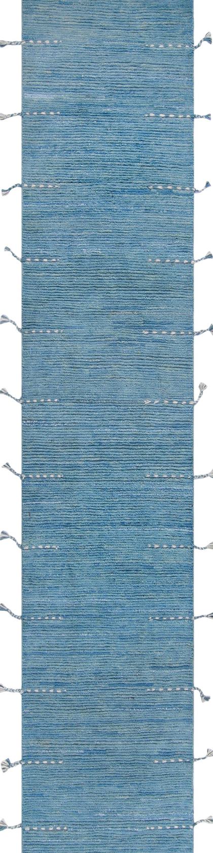 Custom handwoven runner rug in teal and sky blue, 488 × 76 cm, woven to order by Rug Gossips in Lahore