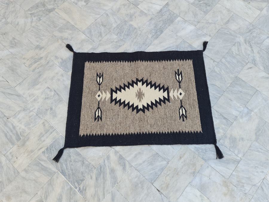 Custom Southwestern Navajo-style flatweave rug in grey black white navajo, woven to order by Rug Gossips in Lahore