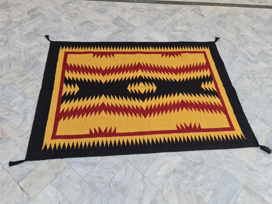 Custom Southwestern Navajo-style flatweave rug in multicolor navajo, woven to order by Rug Gossips in Lahore