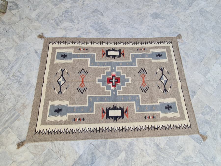 Custom Southwestern Navajo-style flatweave rug in navajo, woven to order by Rug Gossips in Lahore