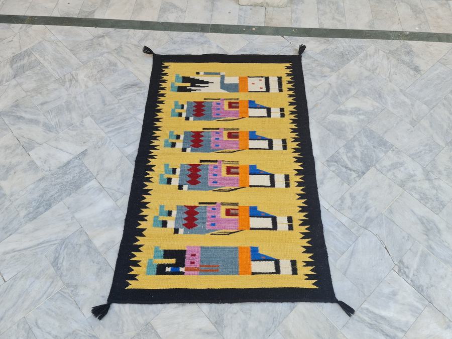 Custom Southwestern Navajo-style flatweave rug in yellow pictorial navajo, woven to order by Rug Gossips in Lahore